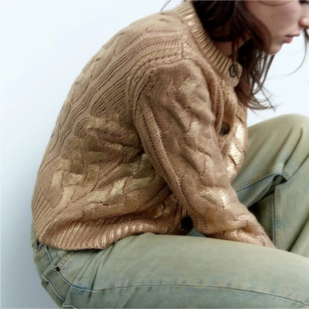 Zara NWOT Foil Cable Knit Sweater Cardigan Metallic Gold Button Up Size Large - Picture 7 of 10